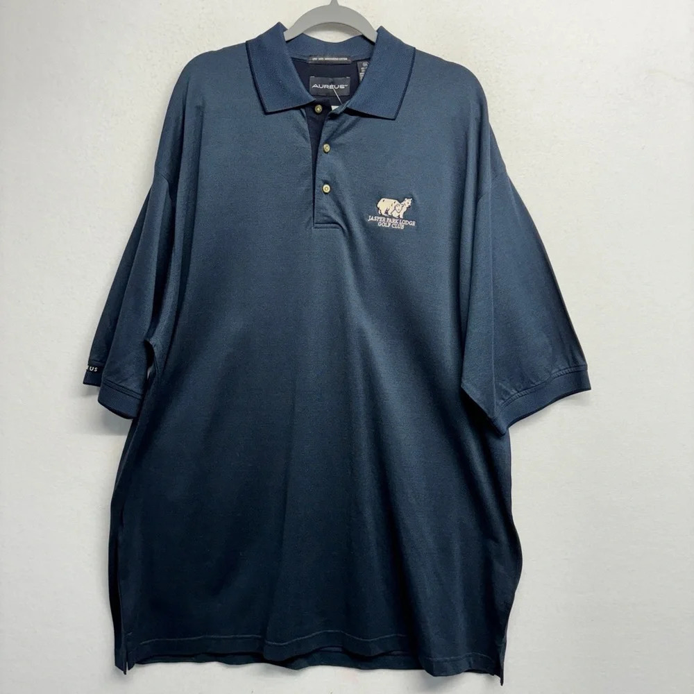 NWT Aureus Jasper Park Lodge Golf Club Bear Embroidered Polo Shirt XXL Navy Blue